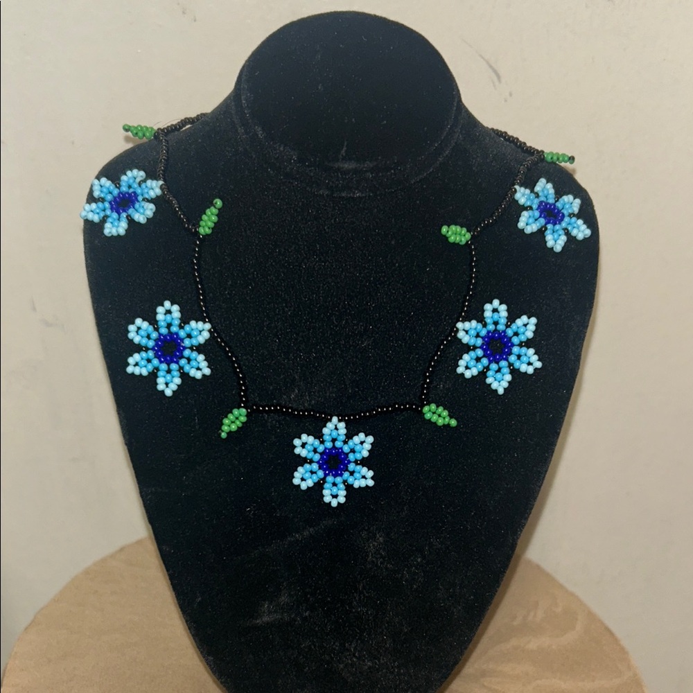 Beaded Floral Necklace with Blue and Green Petals